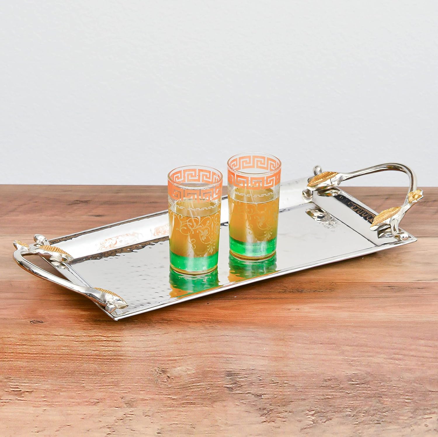 Cheer Collection Two Tone Silver Rectangle Tray with Gold Leaf Accents - 14