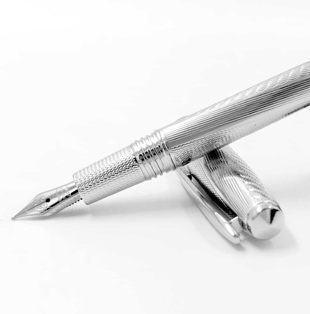 The Azore Fountain Pen, 925 Sterling Silver, with German-Made Nib, 2 Ink Refills - Luxury Pens for Journaling, Note Taking, Writing - Premium Office Accessories and Gifts