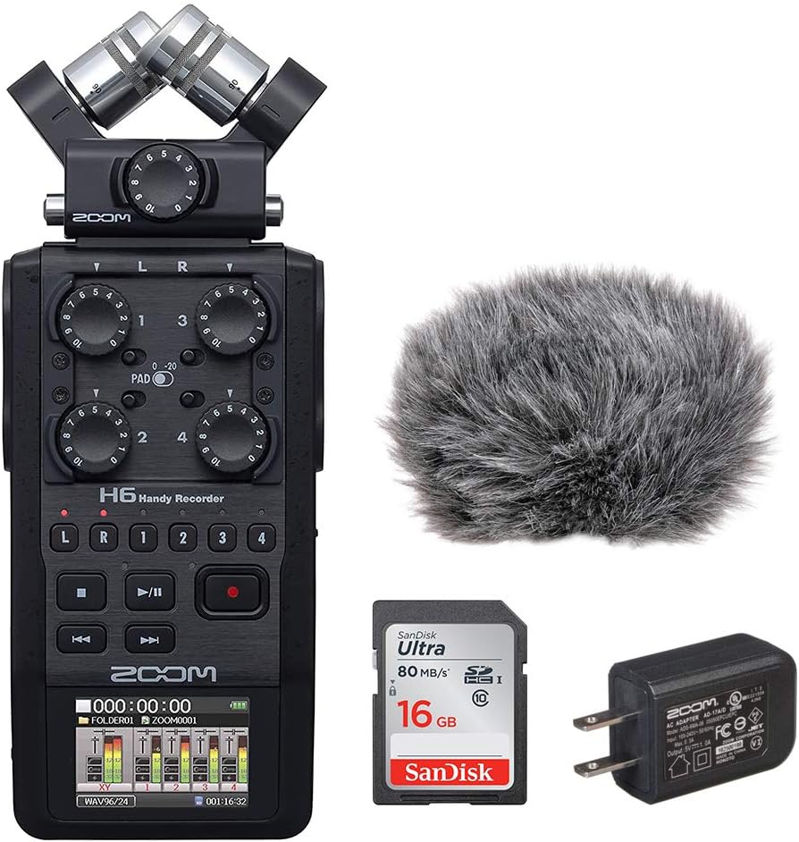 Zoom H6 Portable Recorder Kit with a Custom Windbuster, AD-17 AC Adapter and a 16GB SDHC Memory Card Ultra