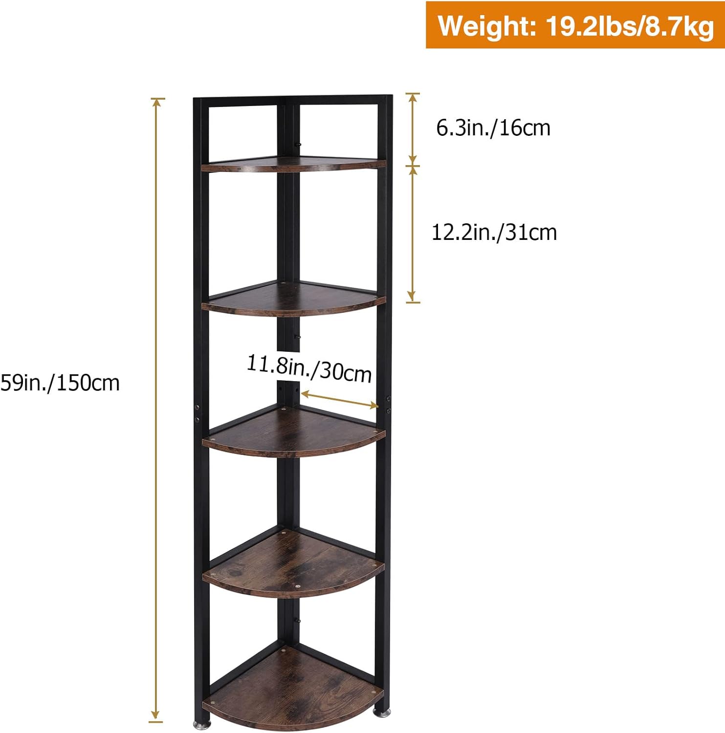 Varbucamp 5 Tier Corner Shelf, 54 inch Tall Wooden Rustic Corner Bookshelf Ladder Shelf with Metal Frame for Living Room Home Office Small Space