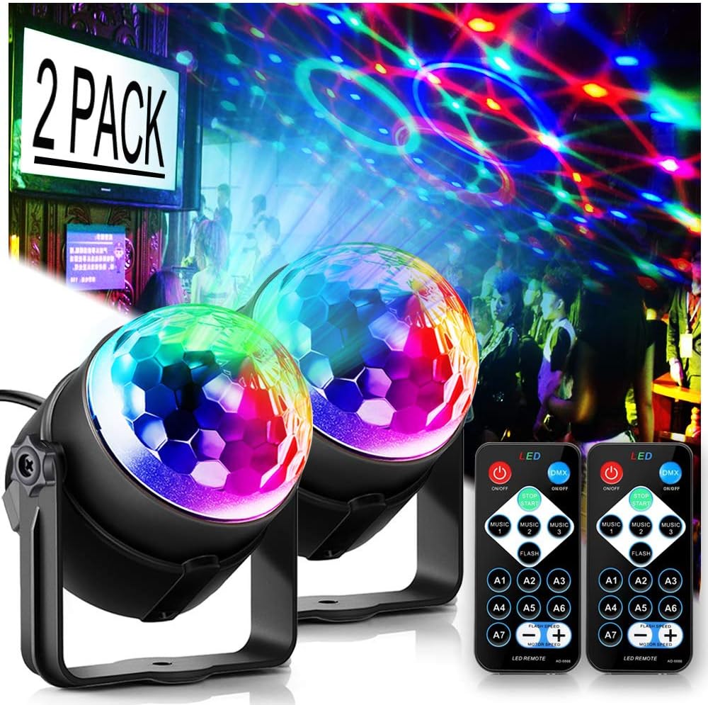 Party Lights, Disco Ball Disco Lights,Dj Rave Lights Led Strobe Lights Sound Activated Stage Lights Projected Effect Dancing Lights Remote Control for Birthday Xmas Wedding Bar Kids Christmas-2 Packs