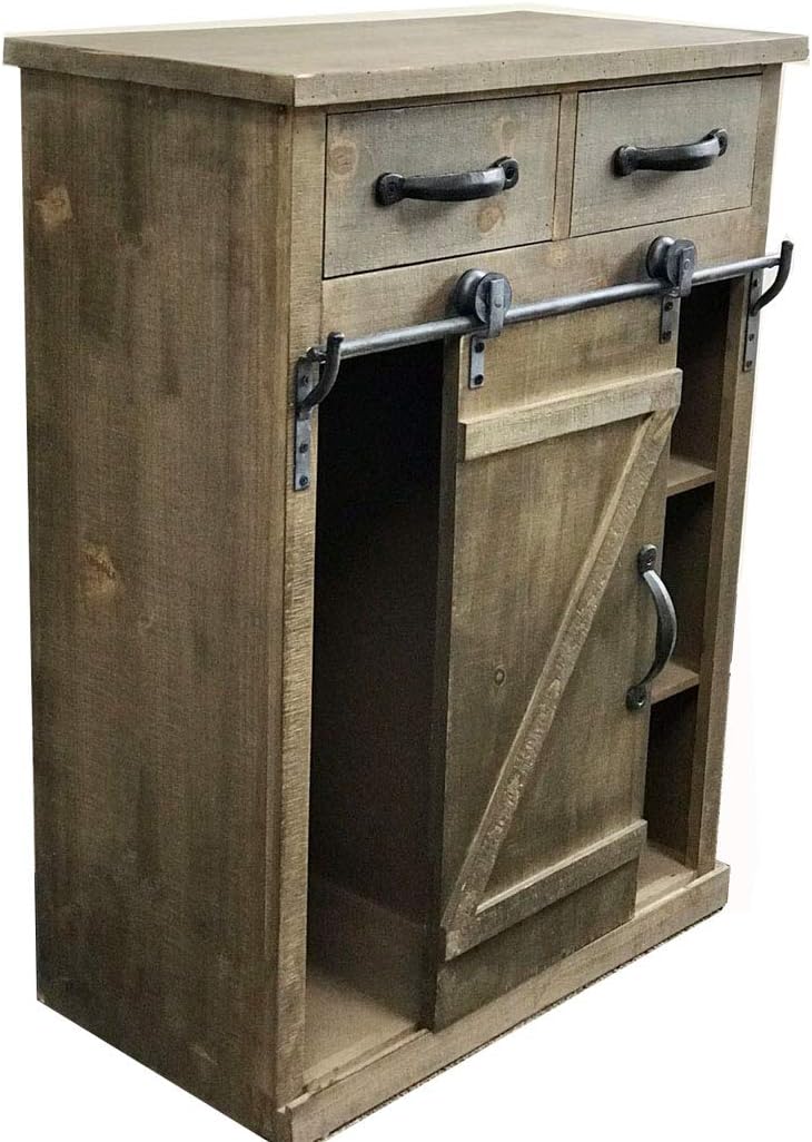 Paris Loft 32''H Rustic Sliding Barn Door Wood Cosole Cabinet Wood End Table, Farmhouse Accent Furniture Vintage Wood Storage Cabinet Country Side Table