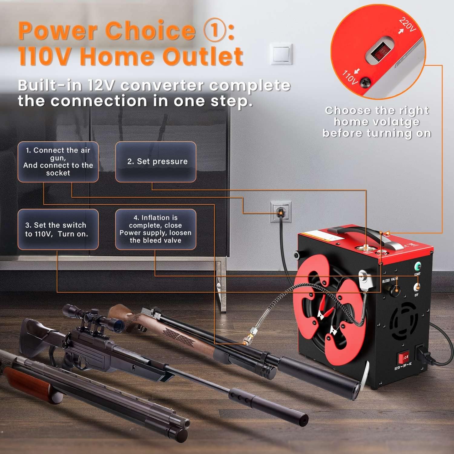 GX CS3-I Portable PCP Air Compressor, Built-in Home Converter, Setting Auto-Stop Pressure,Oil-Free, Built-in Water-Oil Separator Filter, Powered by 12V DC or Home 110V AC, 4500Psi/30Mpa