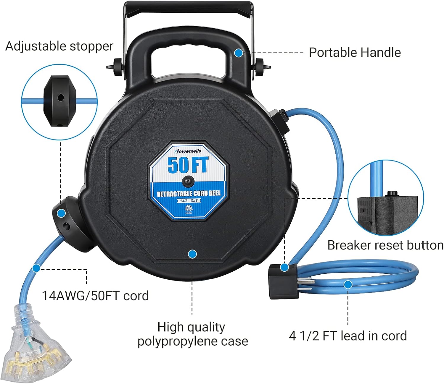 DEWENWILS 50FT Heavy Duty Cord Reel, Retractable Extension Cord Reel with Light-Up Triple Tap, 13 A Circuit Breaker, Wall/Ceiling Mountable, Portable Handle, 14/3 SJT, ETL Listed, Blue Pack of 2