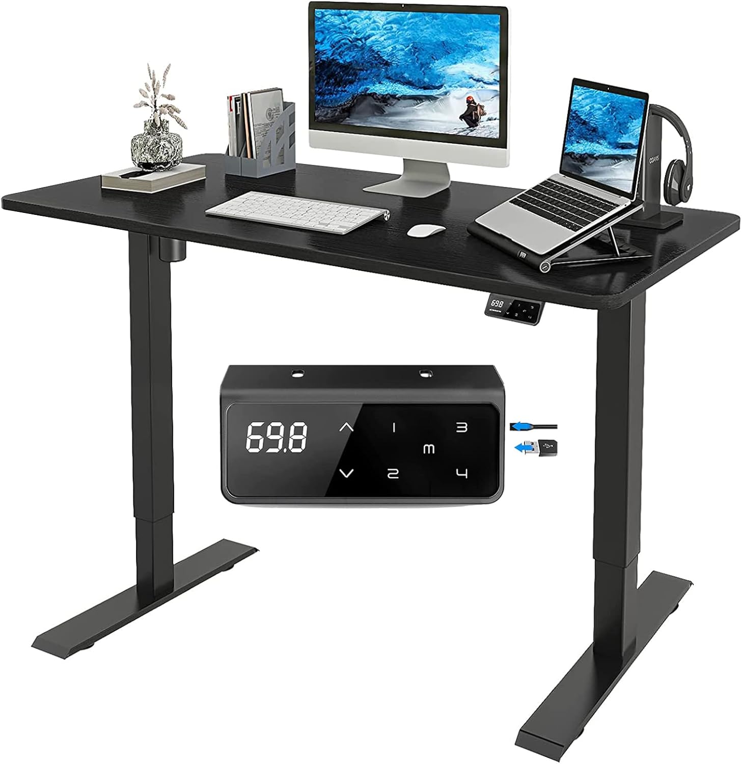 EYOJYA Adjustable Height Desk 55 x 28 Inches Standing Desk, Electric Stand up Desk with 4 Memory Preset Home Office Workstation Sit Stand Desk (Black Frame + 55 in Walnut top)