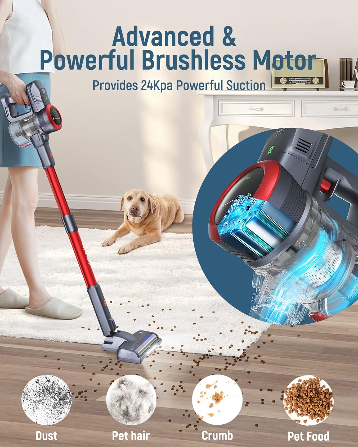Fabuletta 10-in-1 Cordless Vacuum Cleaner - 24Kpa 250W Brushless Motor Stick Vacuum, Up to 45 Mins Max Runtime Detachable Battery, Led Display, Lightweight Vacuum for Carpet Hard Floor Pet Hair