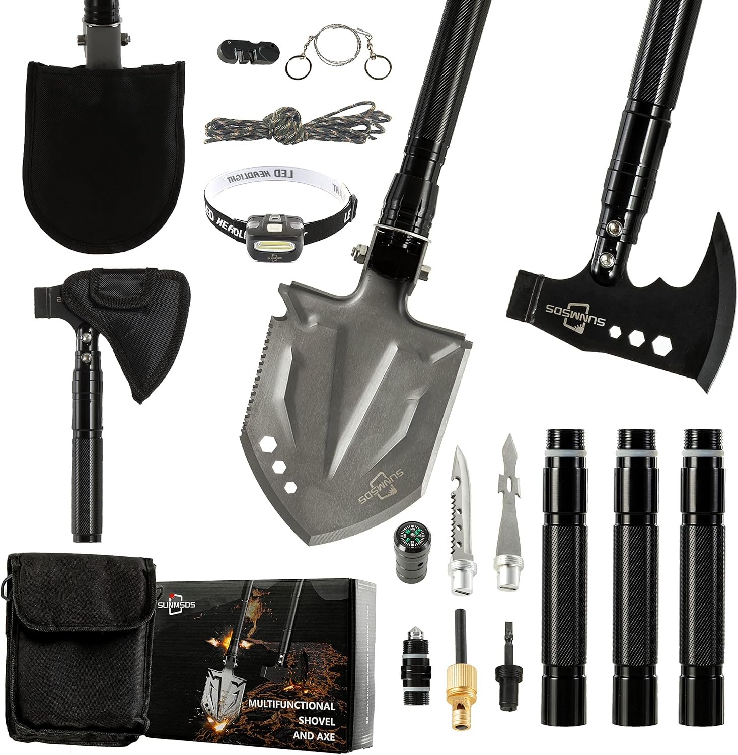 SUNMSDS 28 in 1 Survival Shovel with Multifunctional Axe, High Carbon Camping Tools Combo, Tactical Accessories for Hiking, Hunting, Backpacking, Trenching