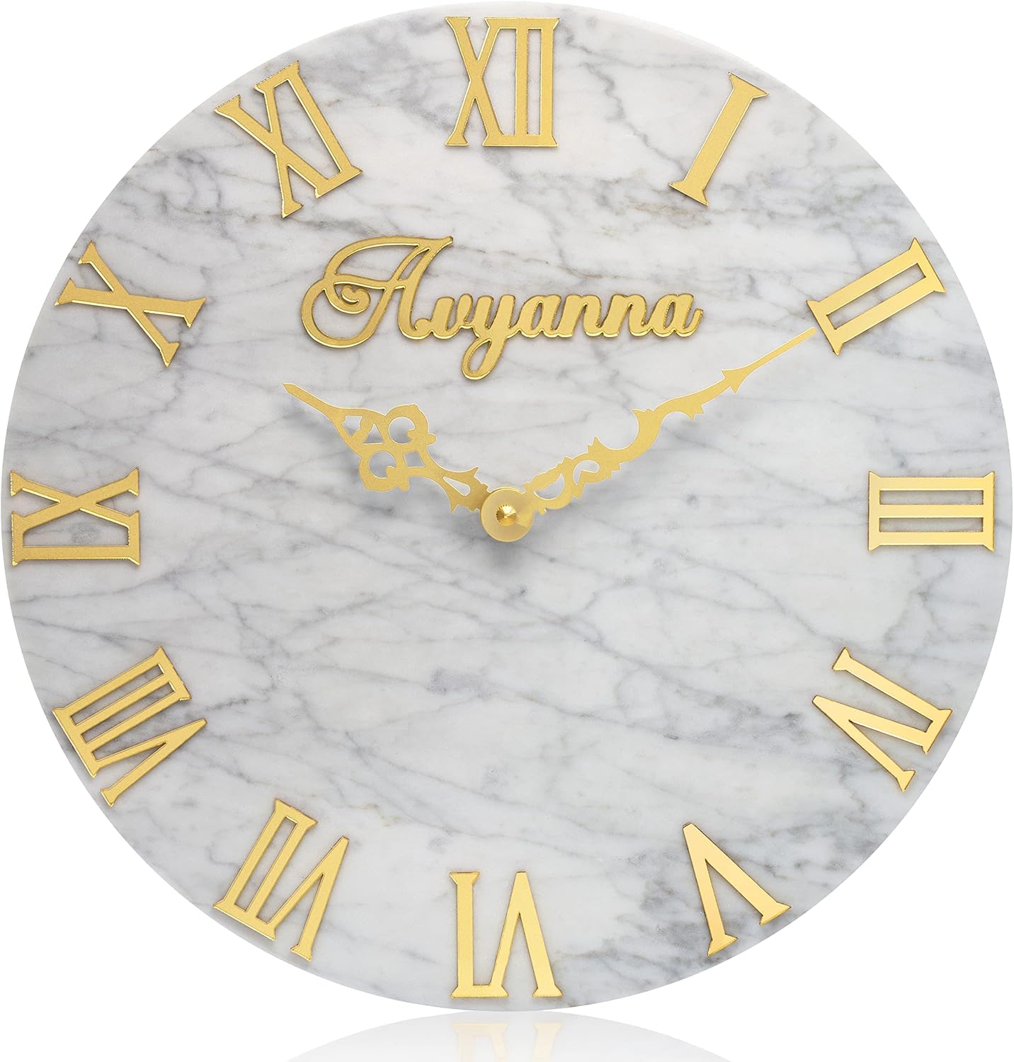 Avyanna White Natural Marble Clock - Elegant Luxurious Mirrored Gold Accent Decor Silent Wall Clock - a Modern Wall Clock Version of a Vintage Clock Design - Perfect Addition to Your Lavish Home Decor