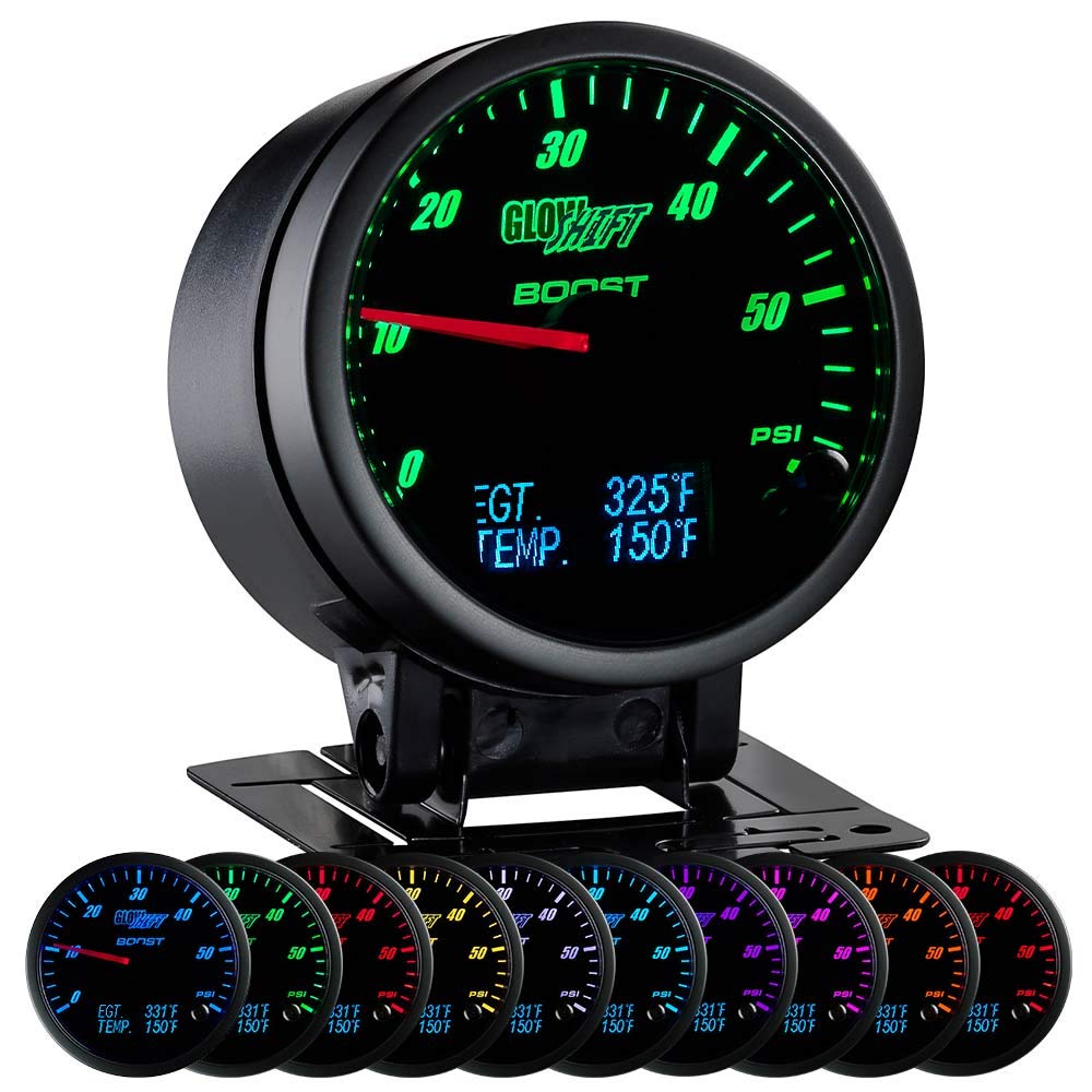 GlowShift 3in1 Analog 60 PSI Boost Gauge Kit with Digital 2200 F Pyrometer Exhaust Gas Temp EGT & 300 F Temperature Readings - 10 Selectable LED Colors - Black Dial - Clear Lens - 2-3/8