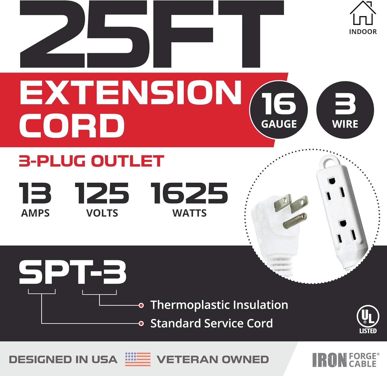 25 Ft White Extension Cord with 3 Electrical Power Outlet - 16/3 Durable White Cable Pack of 2