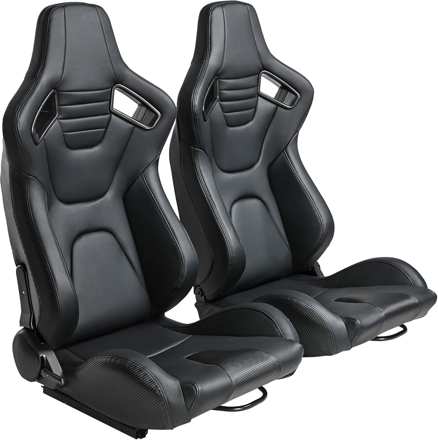 Racing Seats, Pair of PVC Leather Racing Bucket Seats with Dual Sliders, Black with Black Stitching
