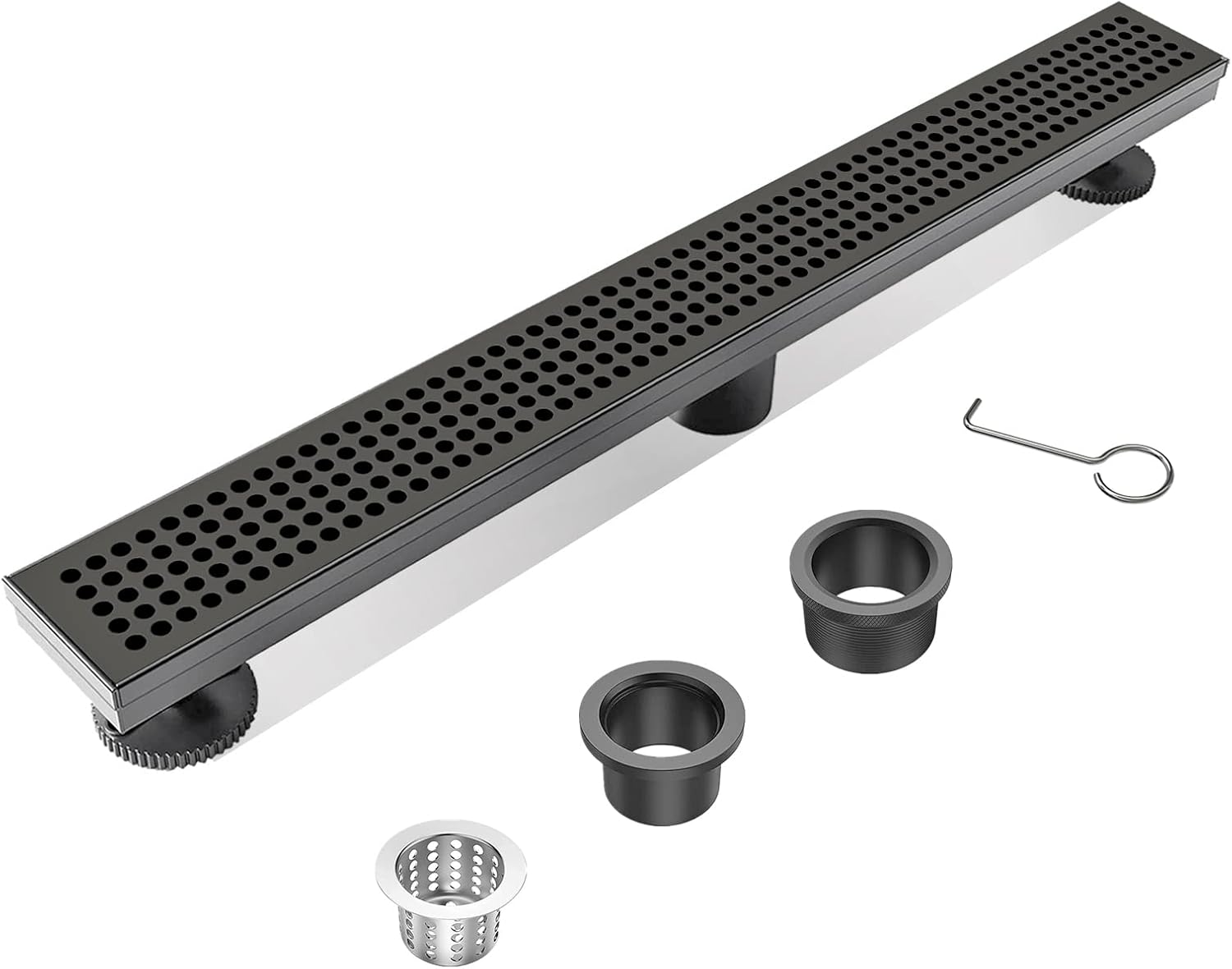 BARONAGE 24 Inch Linear Shower Drain - Rectangular Bathroom Shower Floor Drain with Brickwork Pattern Grate, AISI 304 Included Adjustable Feet Threaded Adapter Hair Strainer Matte Black CUPC Certified