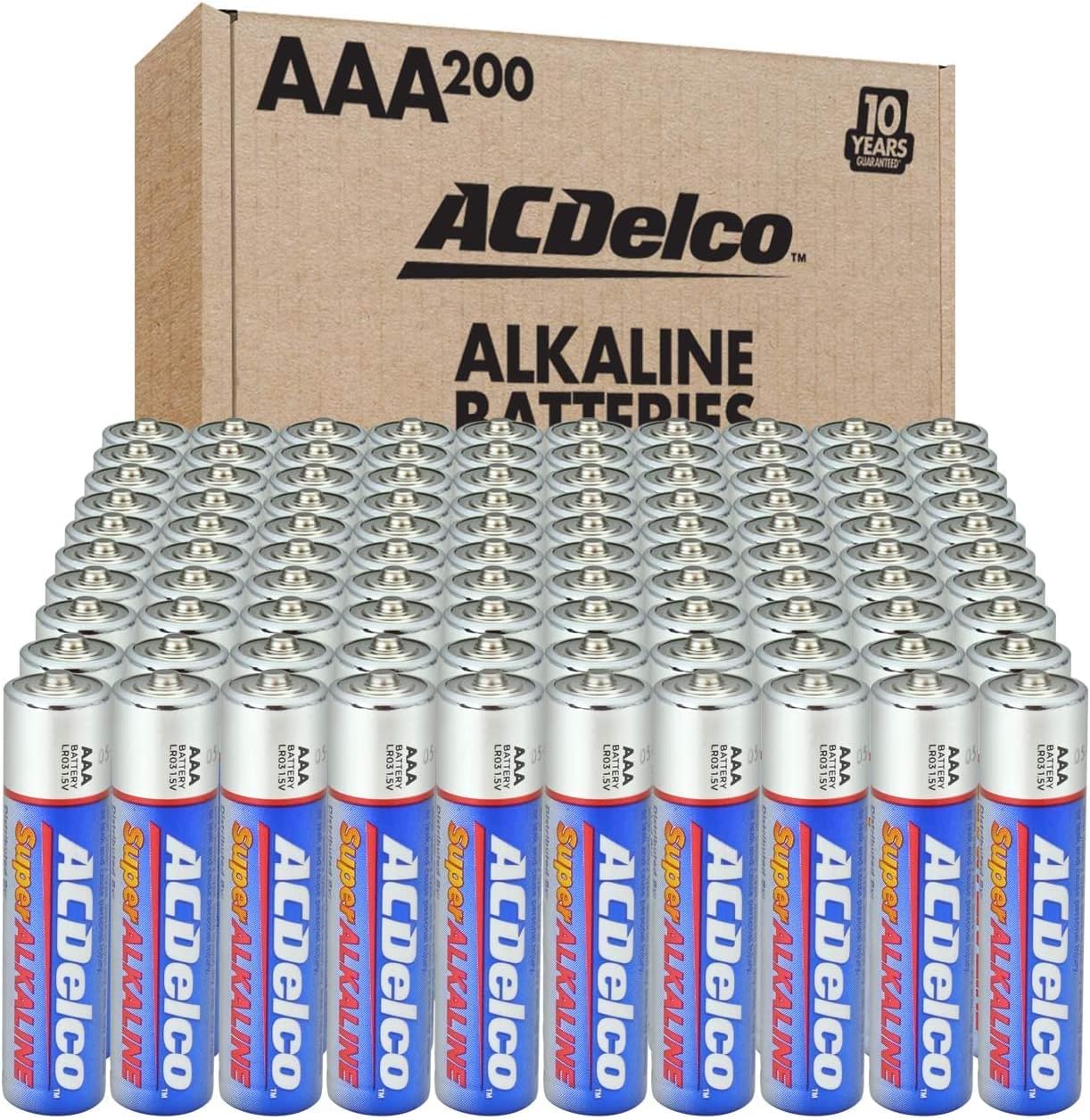 ACDelco AAA Batteries, Maximum Power Super Alkaline Battery, 10-Year Shelf Life, Recloseable Packaging, 200 Count Pack of 2