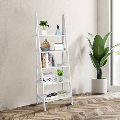 Latitude Run 4 Tier Ladder Bookcase Shelf Storage Organizer Wood Shelves Rack for Garage Kitchen Bakers White Latitude Run
