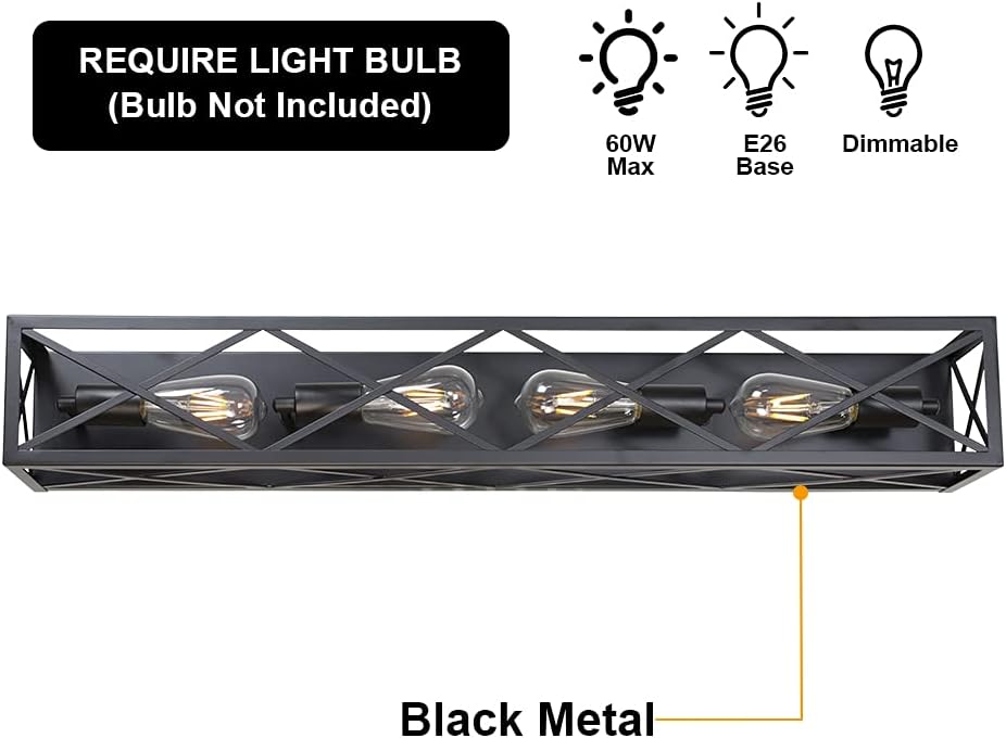 Banato Lighting 4-Light Vintage Bathroom Lighting Fixtures Over Mirror Black Vanity Lights Industrial Wall Light Fixtures with Cage for Bedroom Powder Room Living Room
