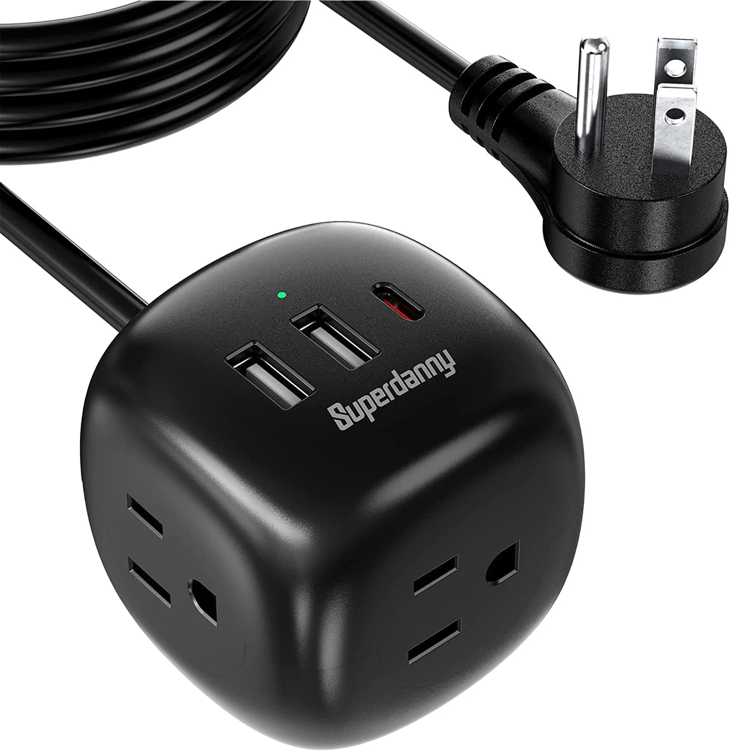 Power Strip with USB C (30W), SUPERDANNY 5 ft Extension Cord with 3 Outlets and 3 USB Ports, Flat Plug, Power Delivery Desktop USB Charging Station for Travel Home Office Dorm, Black Pack of 2