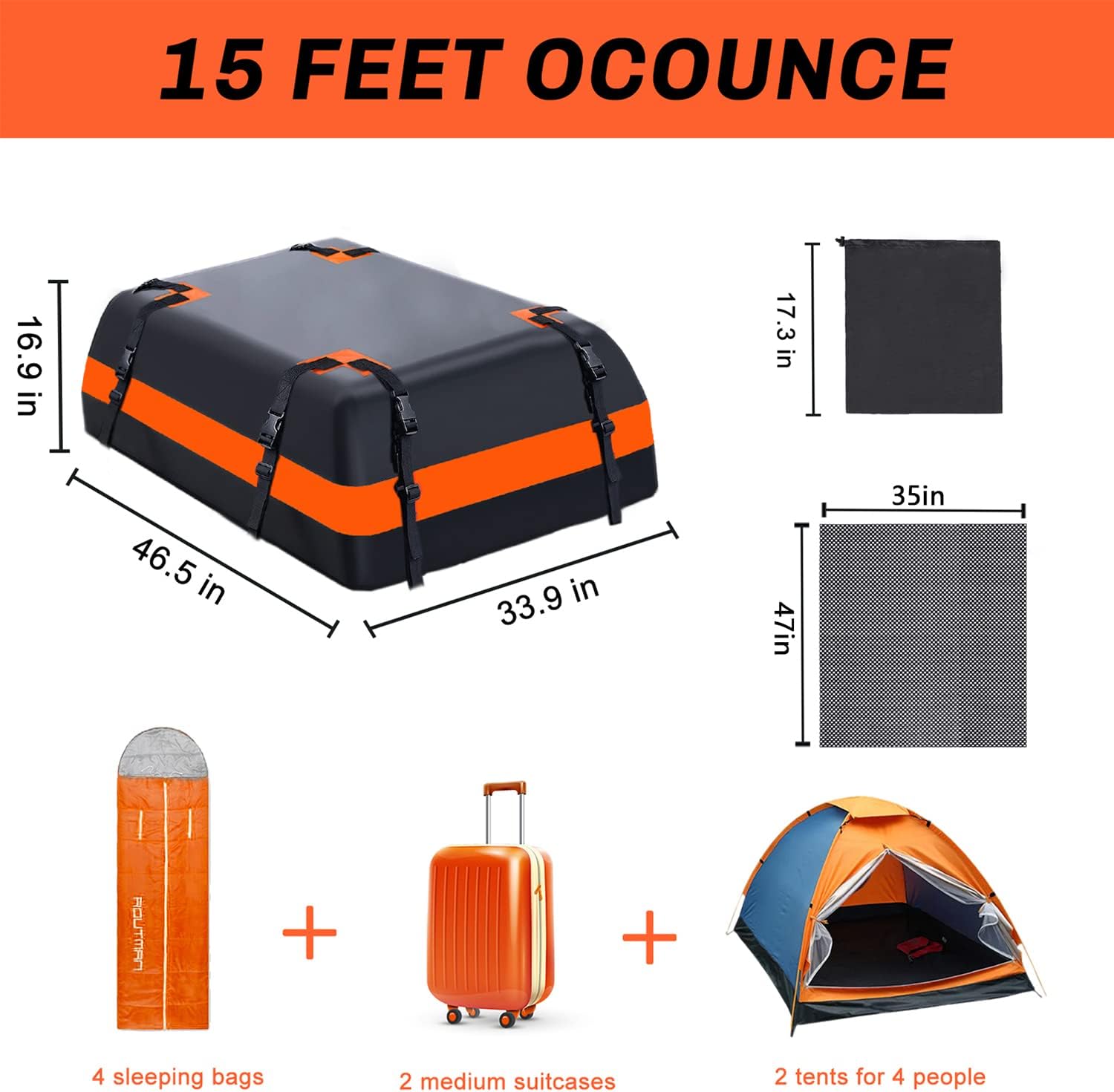 CROSSHIP Car Rooftop Cargo Carrier Bag - 15 Cubic Feet Car Roof Bag for All Vehicles with/Without Racks - Waterproof Zip, Anti-Tear, with 8 Reinforced Straps, Storage Bag & Anti-Slip Mat