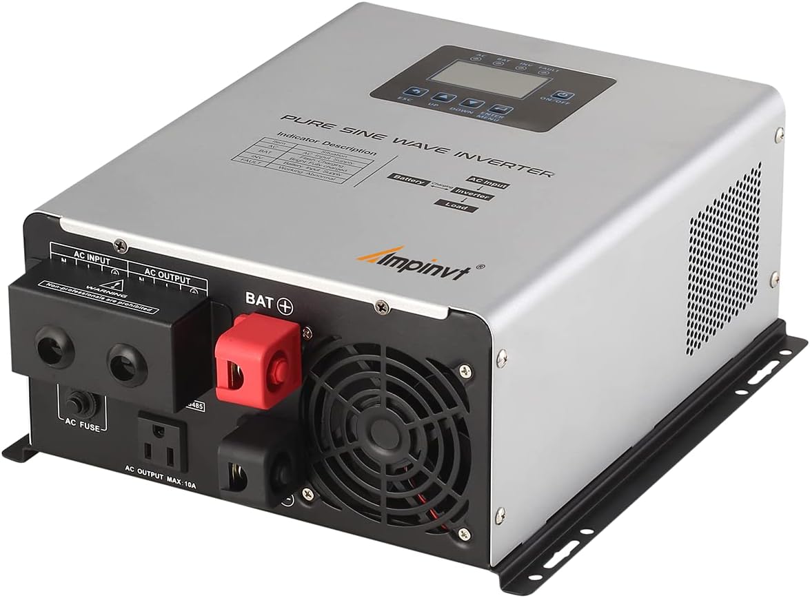 Ampinvt 800W Pure Sine Wave Inverter with AC Charger, DC 12V to AC 120V Output, Solar Power Off Grid Low Frequency Inverter for Lithium, Sealed,AGM, Gel,and Flooded Batteries