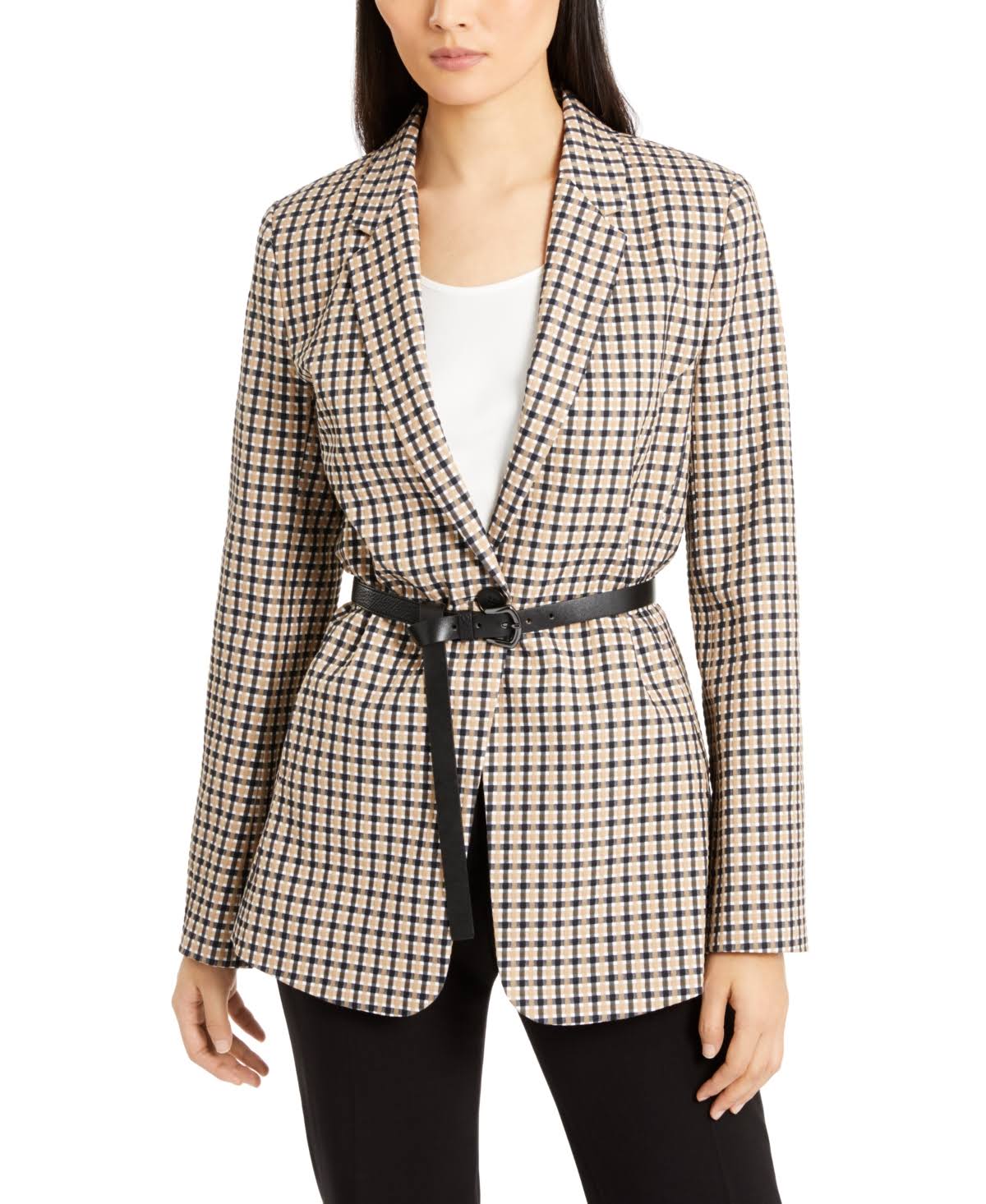 Elie Tahari Bree Belted Check Blazer 4 / Black/Sorrel