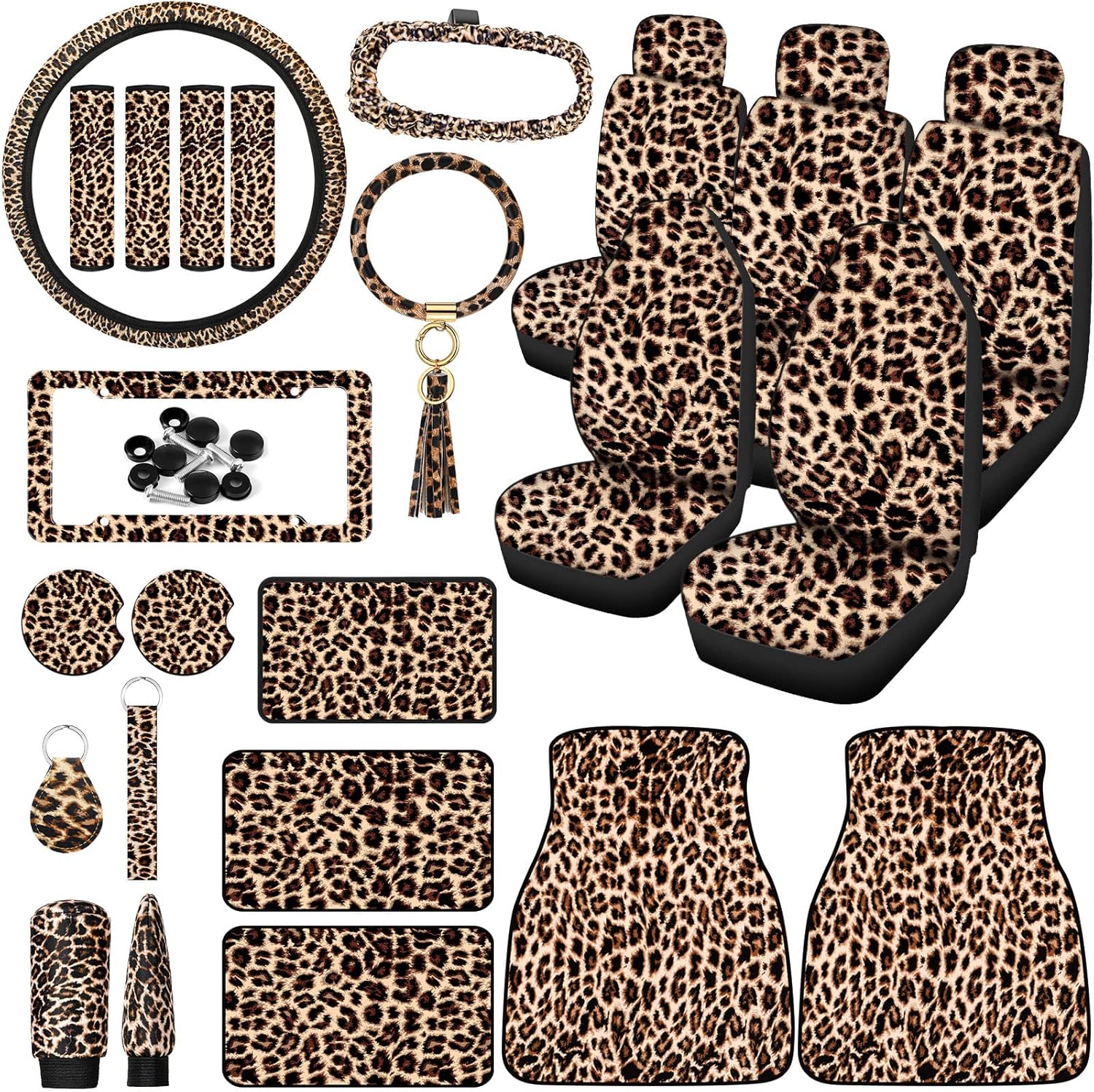 26 Pieces Leopard Print Car Accessories Set Leopard Seat Covers Full Set Leopard Steering Wheel Cover Leopard License Plate Frame Mirror Covers Cheetah Print Car Accessories for Car SUV Truck