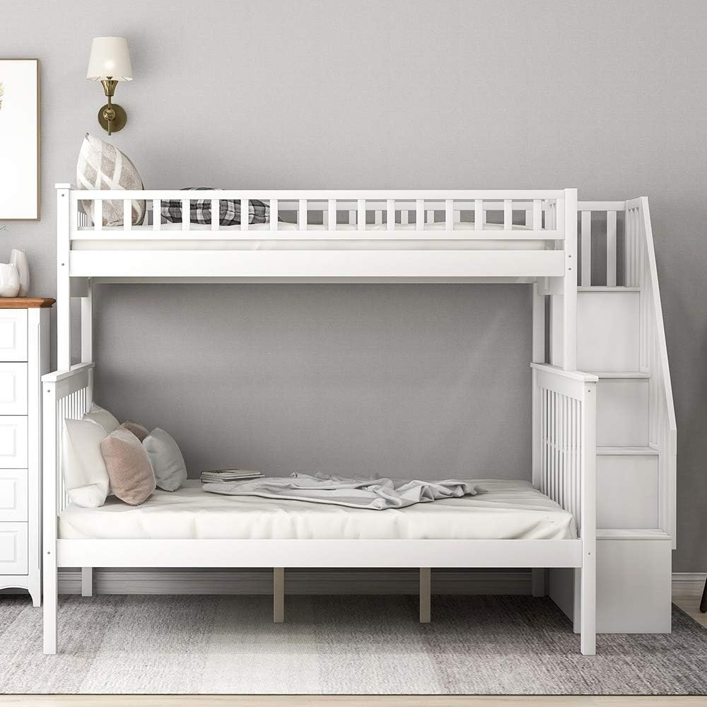 Twin Over Full Bunk Beds, Rockjame Wood Space Saving Design Stairway Bunk Bed Frame with Storage and Safety Guard Rail, Convertible to 2 Separated Beds (White)