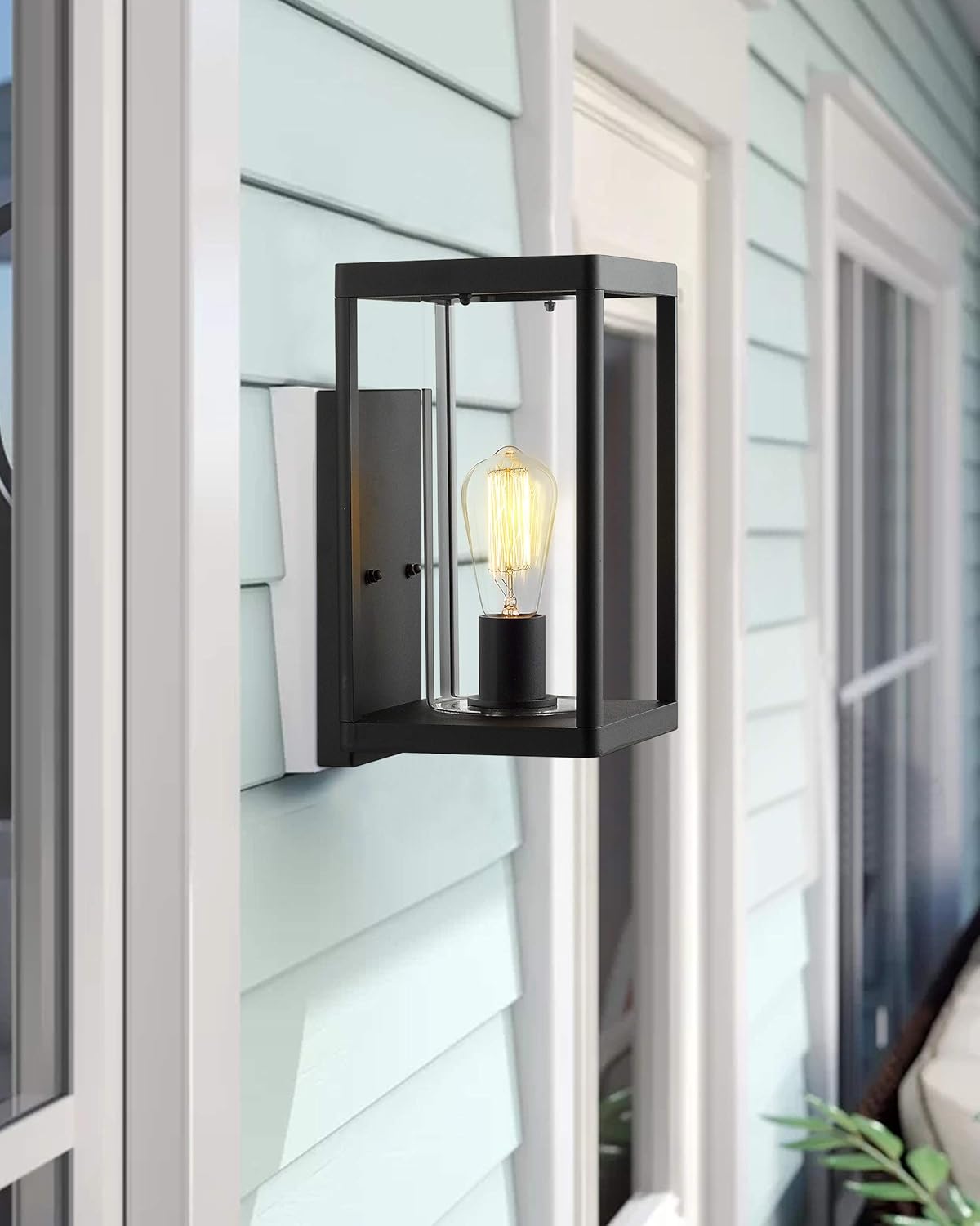 Beionxii Outdoor Wall Lights, Modern Exterior Wall Sconces Porch Lantern Set of 2, Sand Textured Black Cast Aluminum with Clear Cylinder Glass - A291W-2PK
