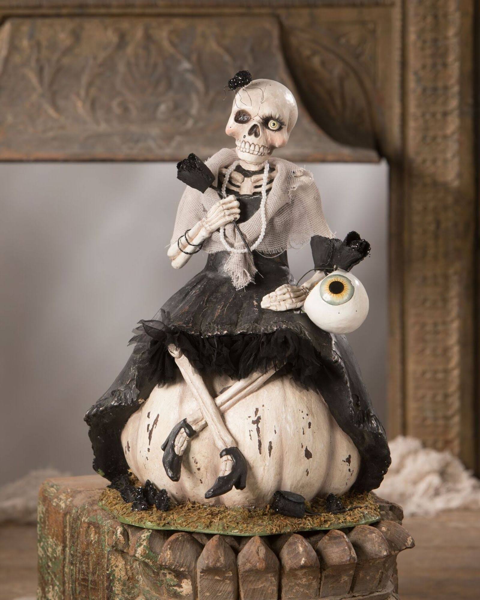 Bethany Lowe Miss Skeleton on Pumpkin, Black/White