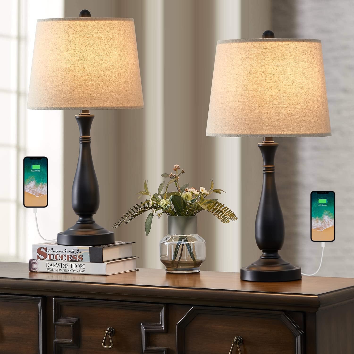 PORTRES 24.25'' USB Table Lamp Set of 2 for Bedroom Modern Farmhouse Bedside Nightstand Lamps for Living Room Study Room Office Kitchen Table Lamps Black