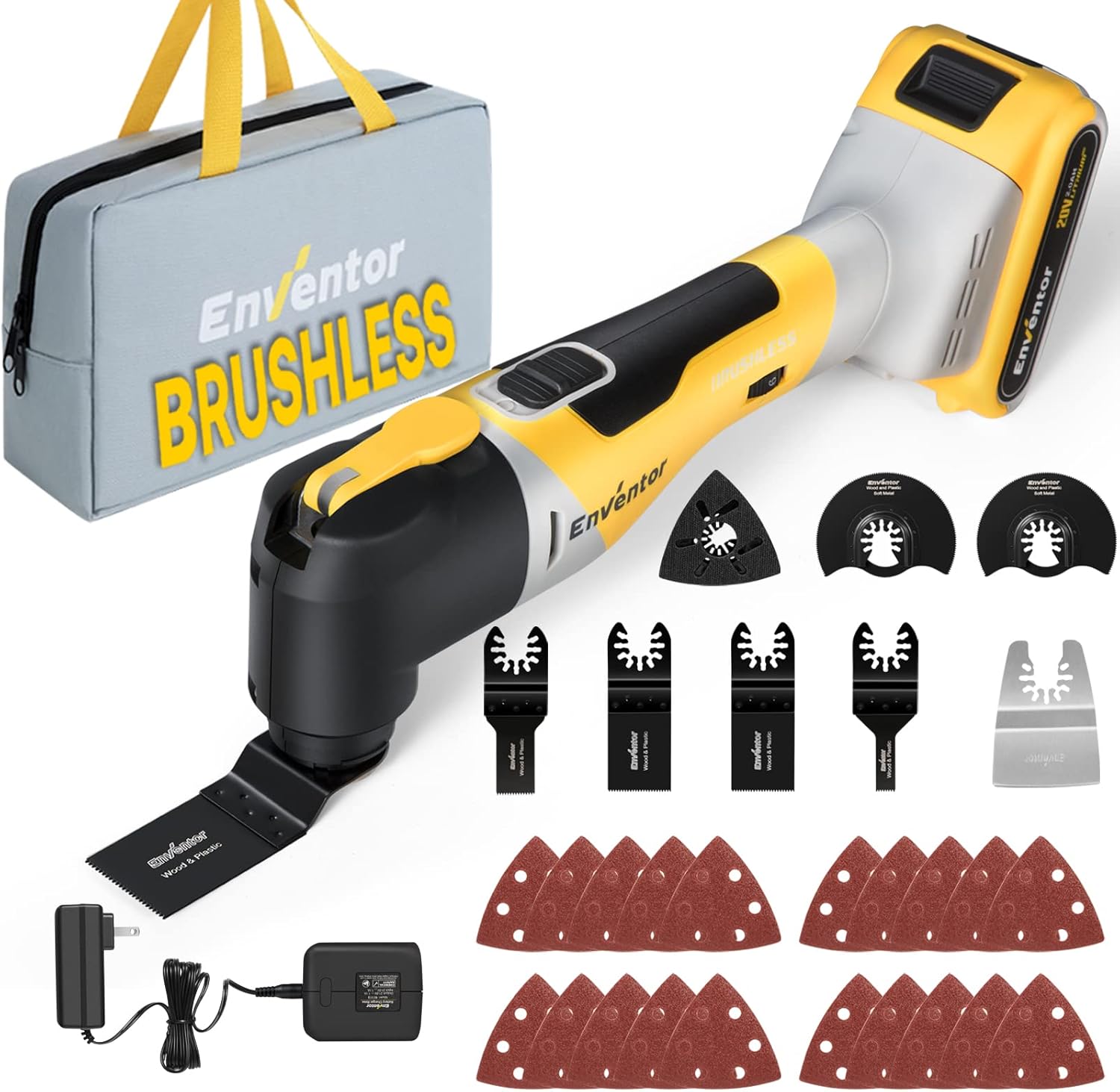 Oscillating Tool, ENVENTOR 20V Brushless Cordless Oscillating Tool Kit, 6 Variable Speed, 4&deg; Oscillation Angle, 28 pcs Oscillating Saw Accessories, Oscillating Multitool for Trimming, Sanding, Cutting