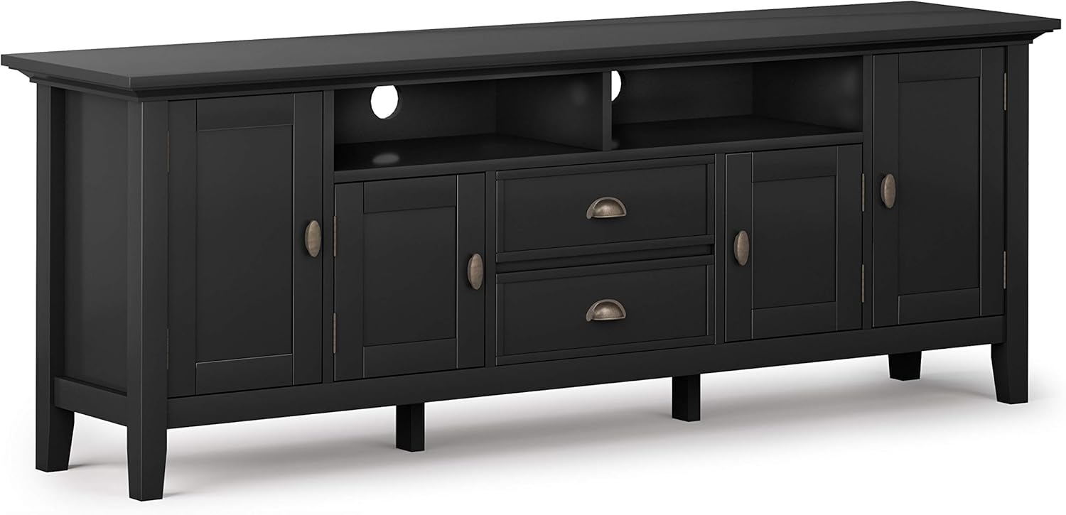 SIMPLIHOME Redmond SOLID WOOD Universal TV Media Stand, 72 inch Wide , Farmhouse Rustic, Living Room Entertainment Center, Storage Shelves and Cabinets, for Flat Screen TVs up to 80 inches in Black