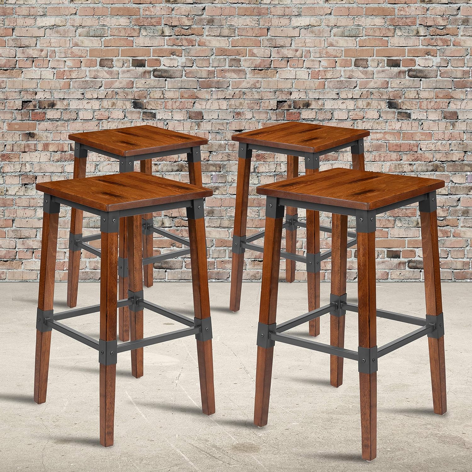 Flash Furniture 4 Pack Rustic Antique Walnut Industrial Wood Dining Chair