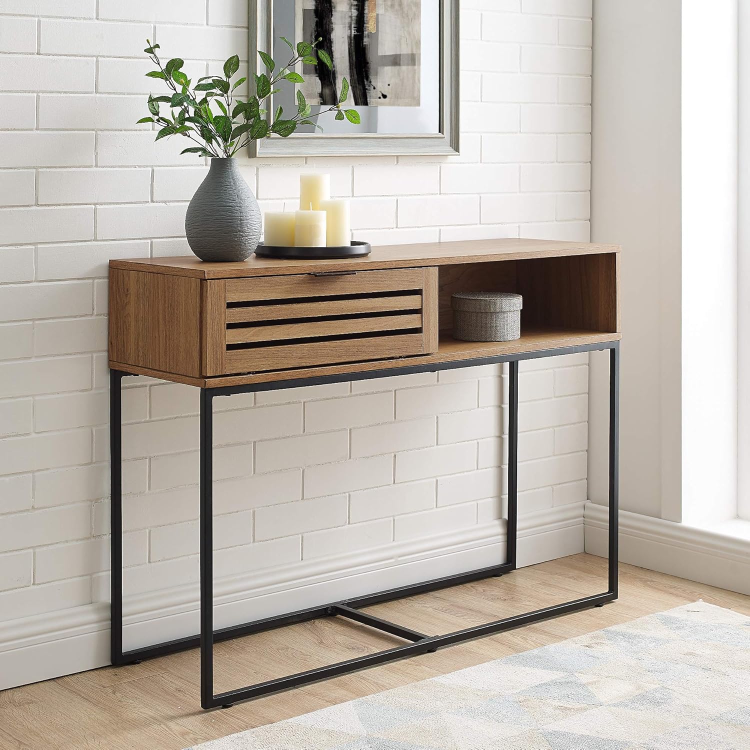 Walker Edison Jackson Modern Slat Door Nightstand, 18 Inch, English Oak