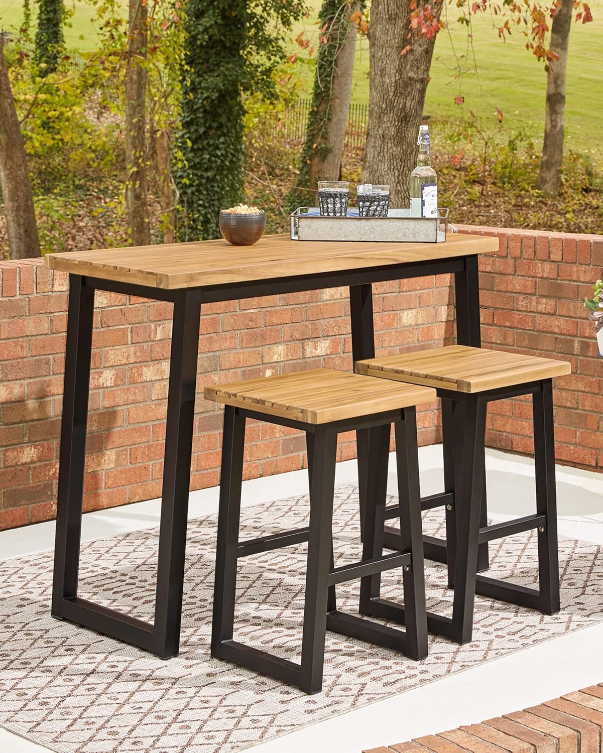Signature Design by Ashley Outdoor Town Wood 3 Piece Patio Counter Table Set with 2 Benches, Brown & Black