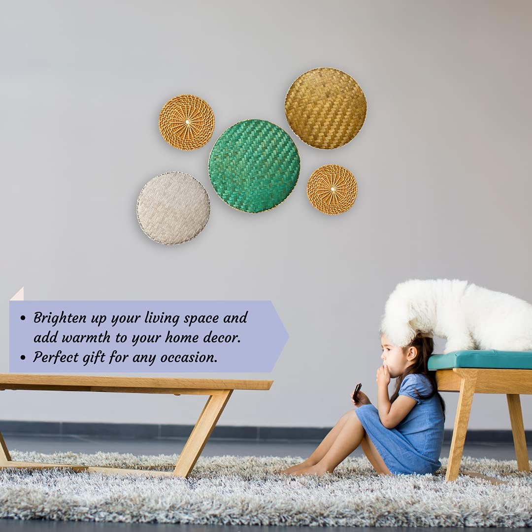 Wicker Wall Decor - Bamboo Wall Basket Decor Boho Flat - Woven Basket Wall Decor Set of 5 - Flat Baskets for Wall - Wicker Wall Hanging Serving Tray Pack of 2