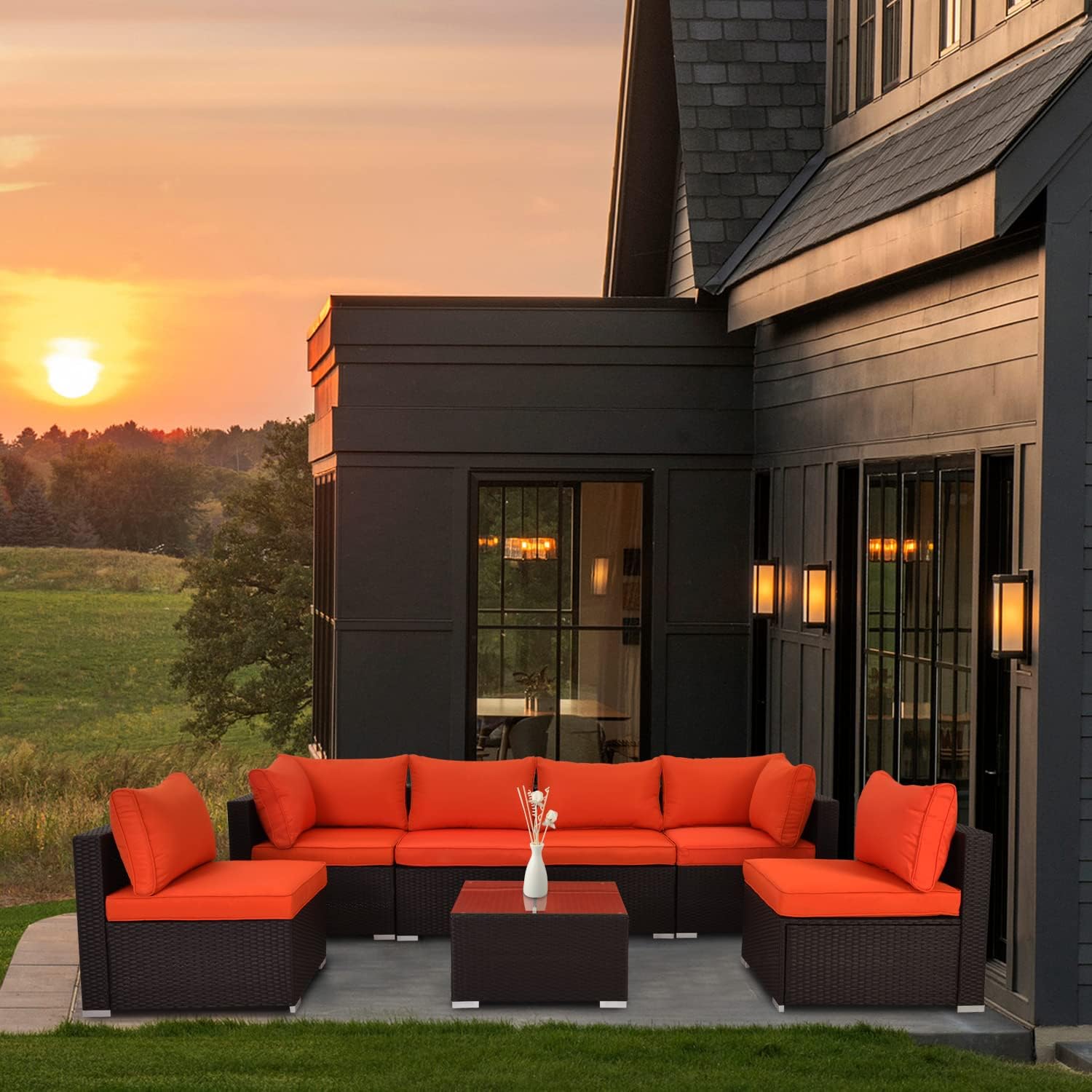 ESSENTIAL LOUNGER Outdoor Patio Furniture Set, 7pcs Patio Conversation Set Sectional Rattan Sofa Set Black PE Rattan Wicker (Orange)