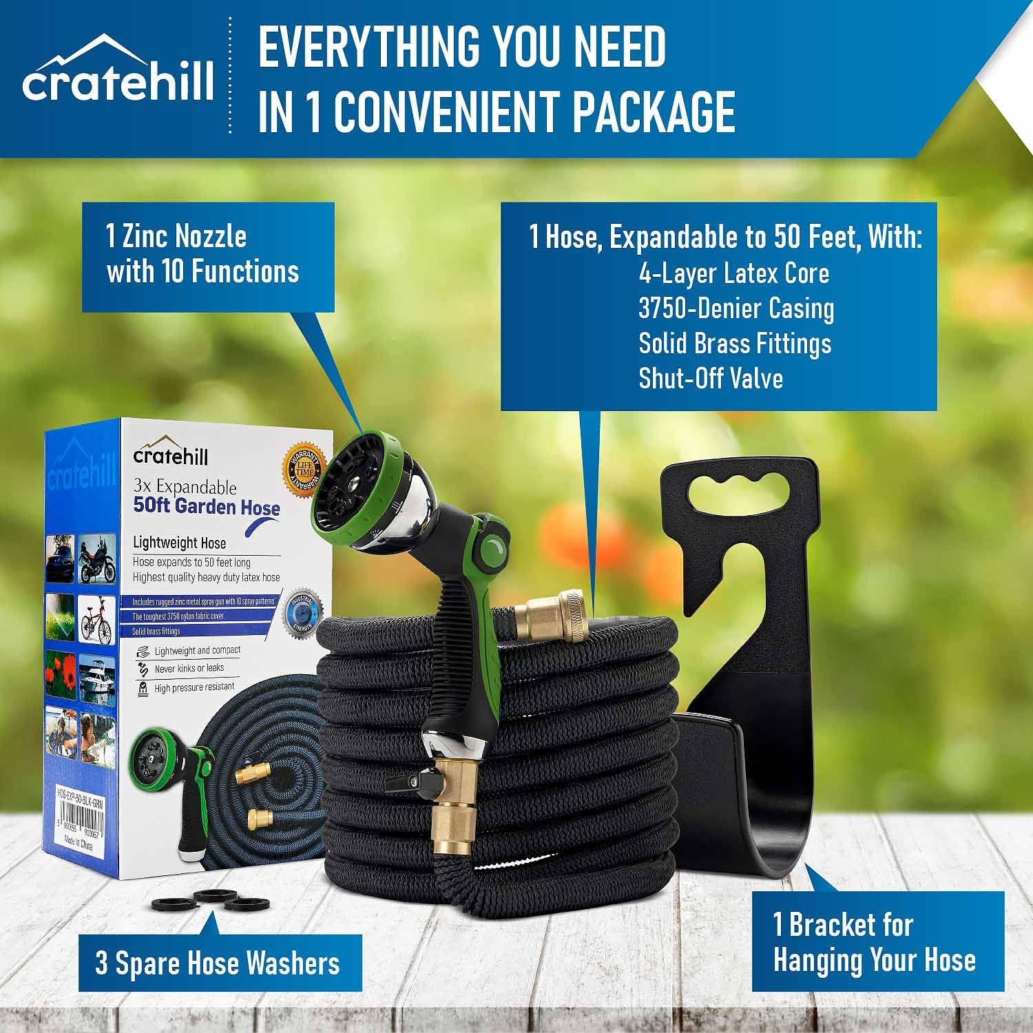 Expandable Garden Hose 50 Ft - Lightweight, Tough Flexible Hose with Solid Brass Fittings - Retractable Water Hose Comes with a Thumb Flow Control, 10 Spray Pattern, Light Zinc Metal Hose Nozzle Pack of 2