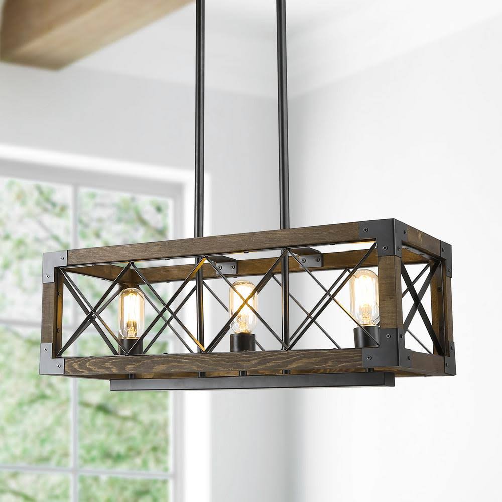 LNC Eliora 23.5 in. Rustic Farmhouse Black Chandelier 3-Light Rectangular Wood Linear Cage Kitchen Island Chandelier