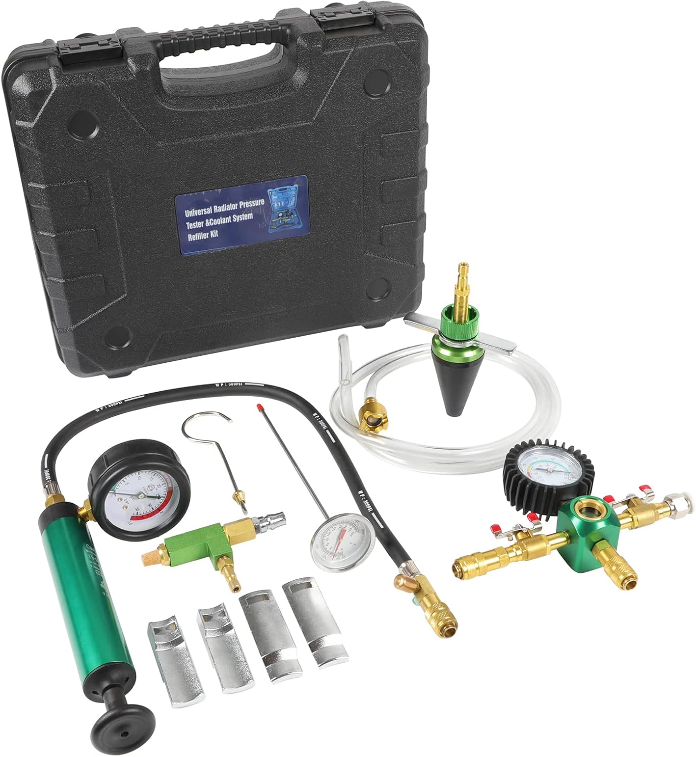 PLAYOCCAR Radiator Pressure Tester Coolant Vacuum Refill Kit with Thermometer, Cooling System Pressure Tester Set with Vacuum Pressure Gauge Pump & Universal Rubber Connector