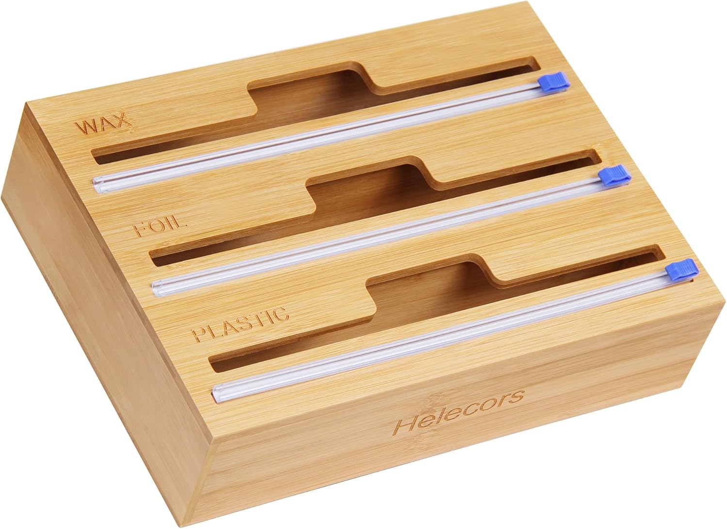 Helecors Foil and Plastic Wrap Organizer – Bamboo Plastic Wrap Dispenser with Cutter – 3 in 1 Aluminum Foil Dispenser – Tin Foil Organization and Storage for Drawer – Compatible with 12
