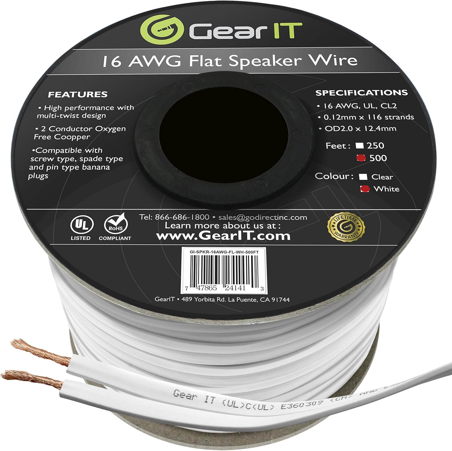 GearIT Elite Series 16AWG Flat Speaker Wire (500 Feet / 152 Meters) - Oxygen Free Copper (OFC) CL2 Rated in-Wall Installation, Clear Pack of 2