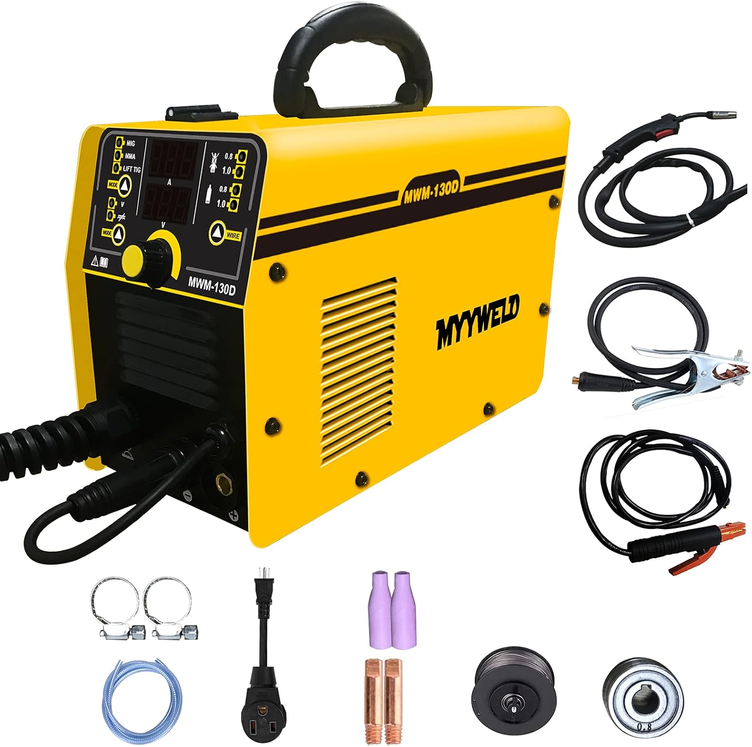 Mig Welding Machine,MYYWELD Mig Welder MIG/MMA/TIG 3 in 1 Flux Core Wire Digital 130D Dual Voltage 110/220V, Gas/Gasless Stick-Solid Wire Automatic Feed IGBT Inverter Welder