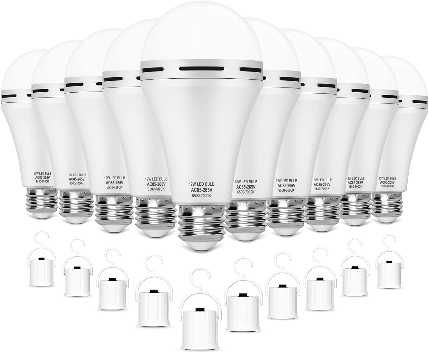 Rechargeable Emergency Led Light Bulb with Hook,Stay Lights Up When Power Failure, 1200mAh 12W 60W Equivalent LED Light Bulbs for Home, Camping, Hiking, 10 Pack