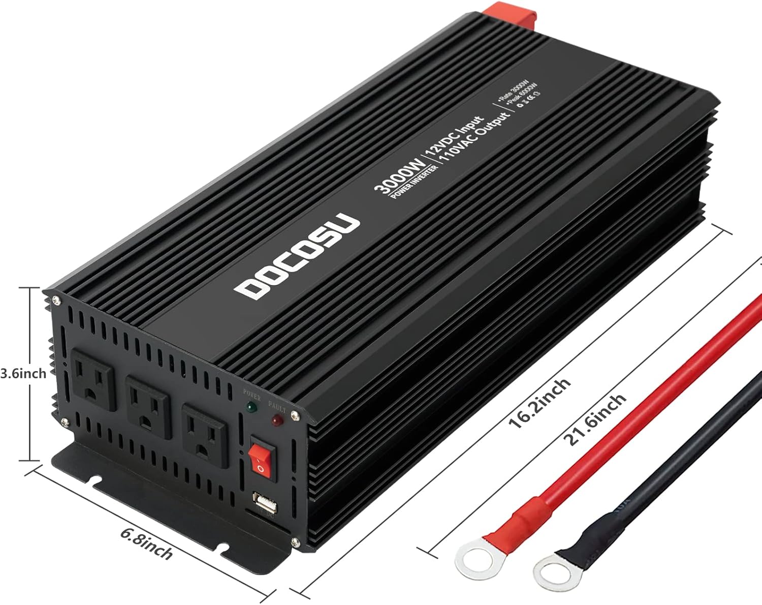 DOCOSU 3000 Watt Power Inverter with 3 AC Outlets DC 12V to AC 120V Out for Home Camping Outdoor Power Converter Supply Car RV Truck Boat 3000 Watts Modified Sine Wave Car Inverters Charger