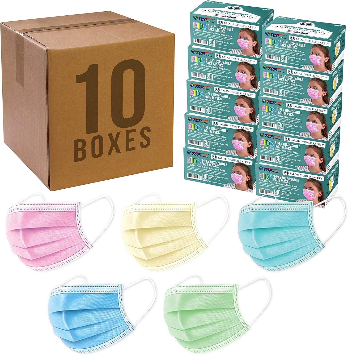 TCP Global Salon World Safety - Kids Face Masks 500 Pk 3-Ply Protective PPE (5 Colors, 100 Each)