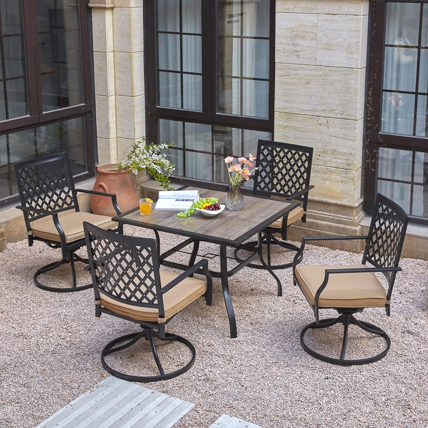 Outdoor Metal Dining Table, 4 Person Black Square Patio Backyard Furniture Table for 4 with Umbrella Hole