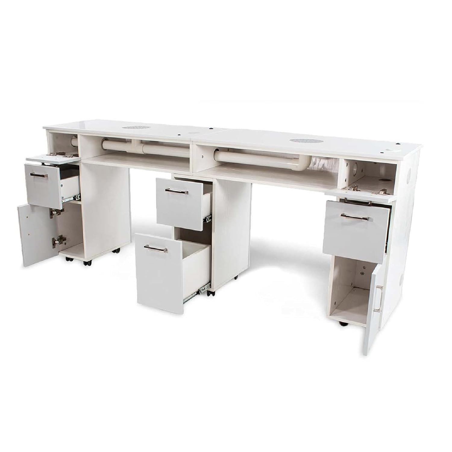 Milan Double Manicure Table (with Vent Pipe), Nail Station for Beauty Salon Furniture & Equipment, Stone Top Acetone Resistant Large Storage Space, Ash Grey