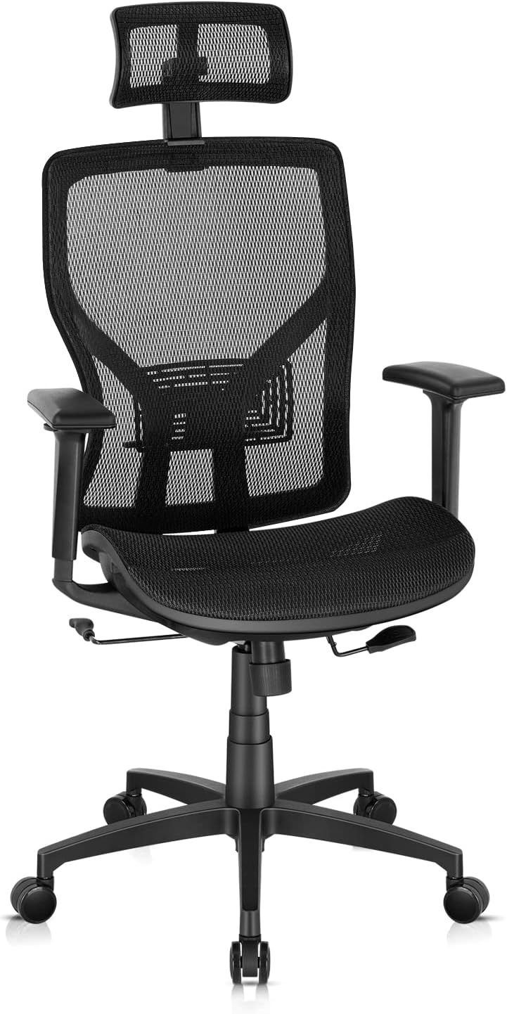 SUNNOW Ergonomic Office Chair, Mesh Desk Chair with Adjustable Lumbar Support, Sliding Seat, Headrest, 2D Armrest-High Back Swivel Task Chair for Home Office