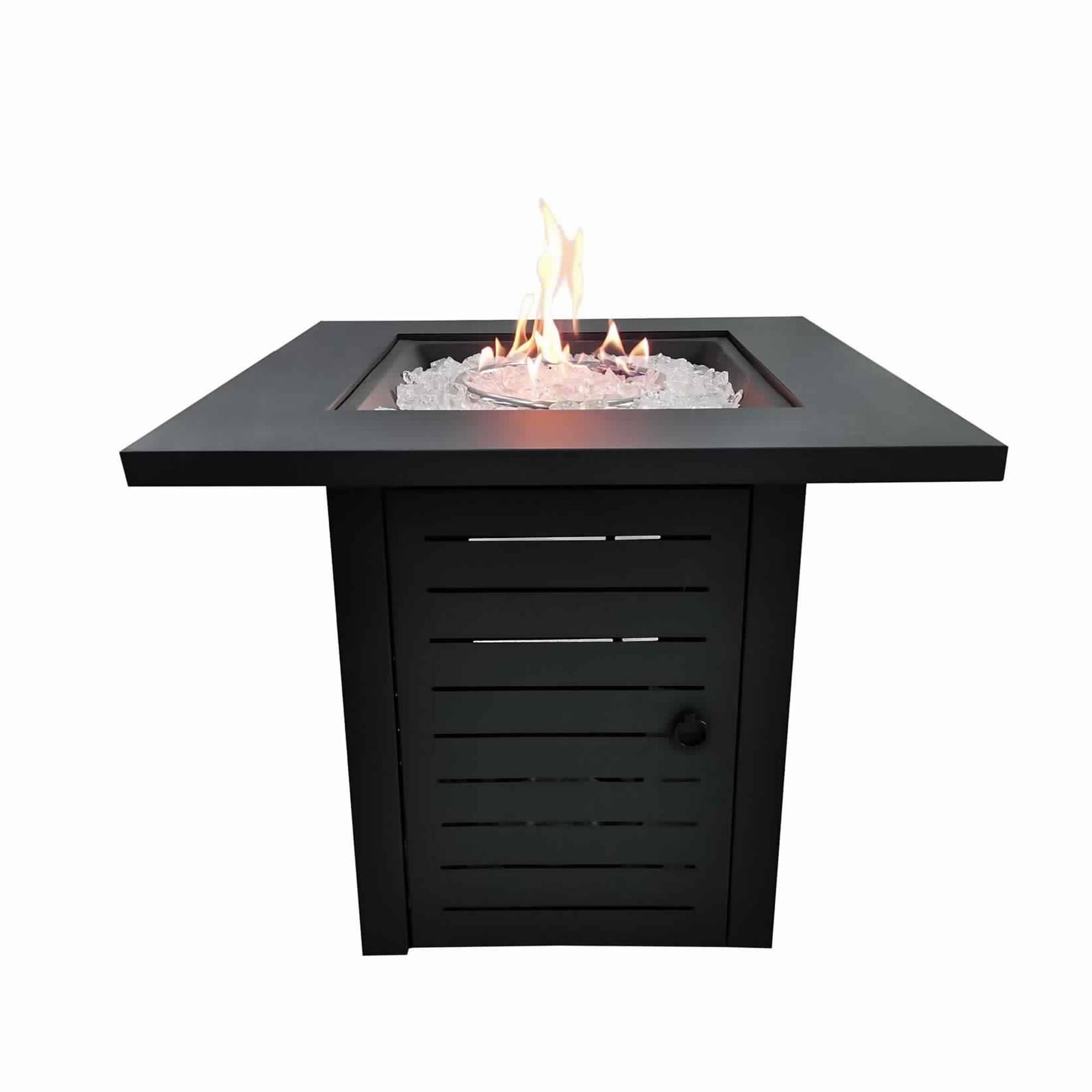 28 inch Slatted Design Metal Fire Pit with Glass Rocks, Black