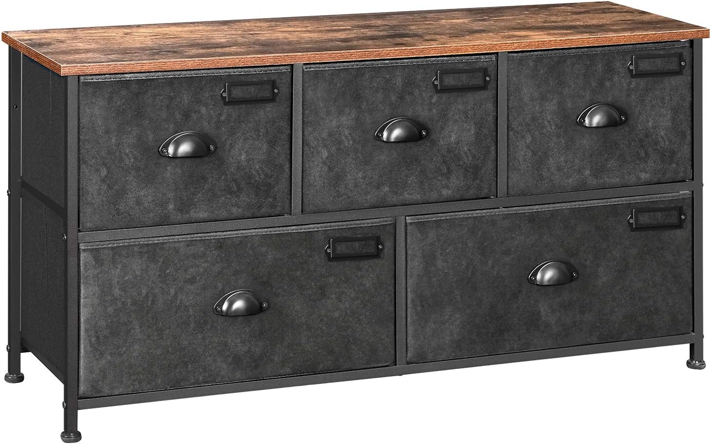 SONGMICS Fabric Drawer Dresser, Wide Storage Dresser with 5 Drawers, Labels, Metal Frame, Wooden Top, Industrial Closet Storage Drawers, Rustic Brown and Black ULVT25H
