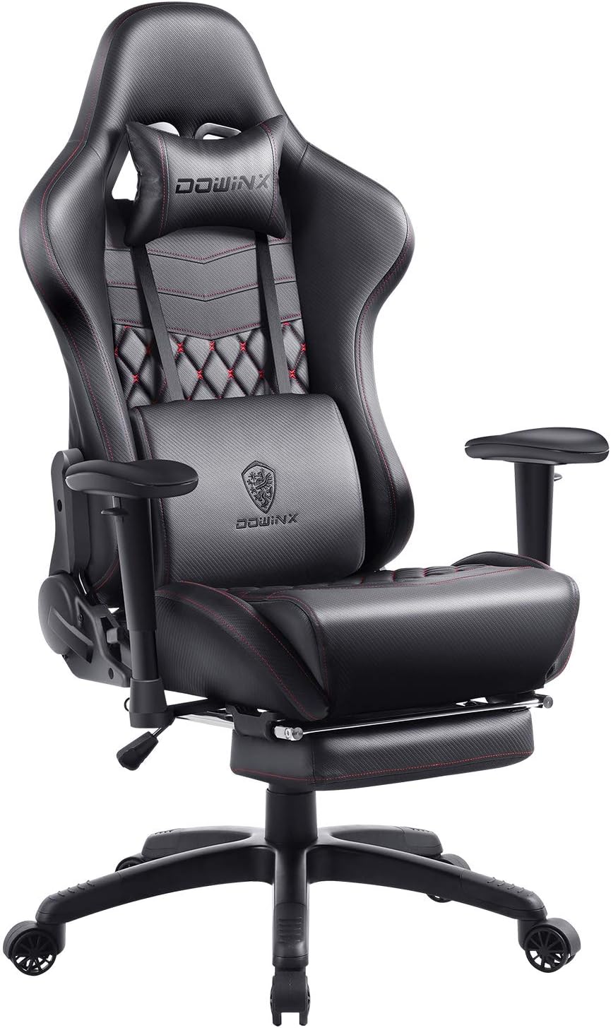 Dowinx Gaming Chair Ergonomic Retro Style Recliner with Massage Lumbar Support Office Armchair for Computer PU Leather with Retractable Footrest Grey